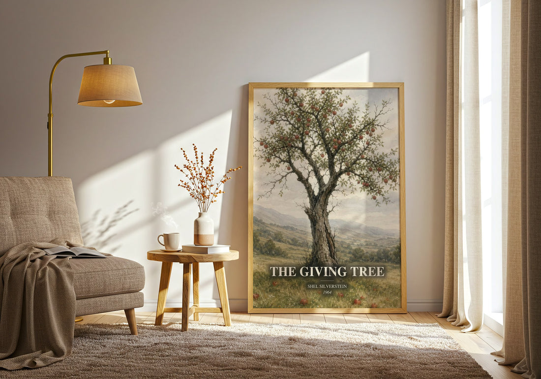 The Giving Tree watercolour print in frame leaning in hallway – childrens wall art (mockup)