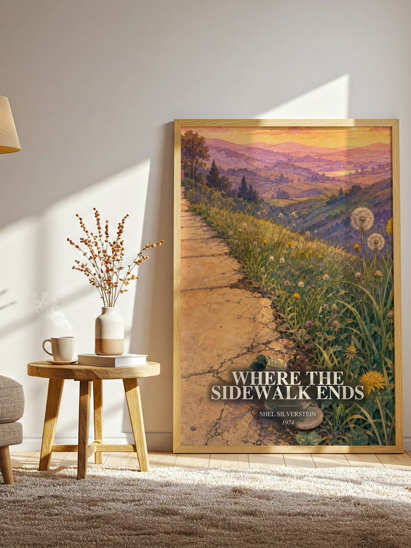 Where the Sidewalk Ends watercolour print in frame leaning in hallway – poetry wall art