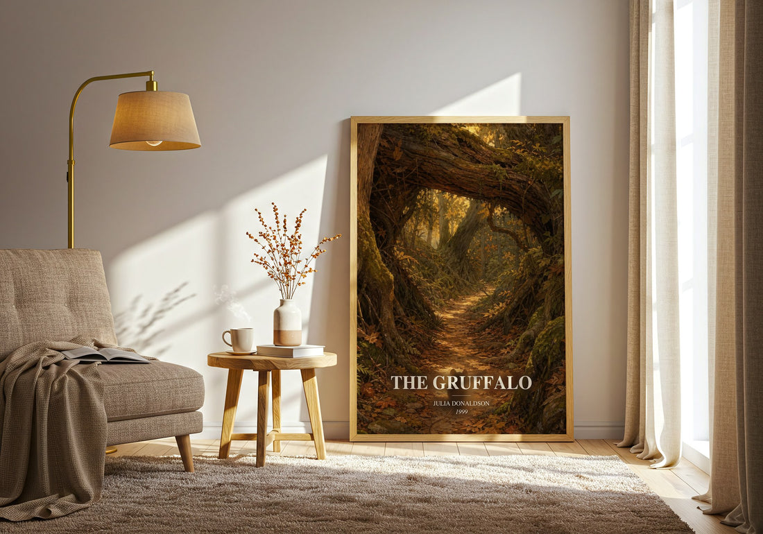The Gruffalo watercolour print in frame leaning in hallway – childrens wall art (mockup)