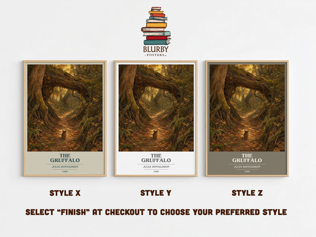 The Gruffalo book cover print in frame leaning in hallway – childrens wall art (mockup)