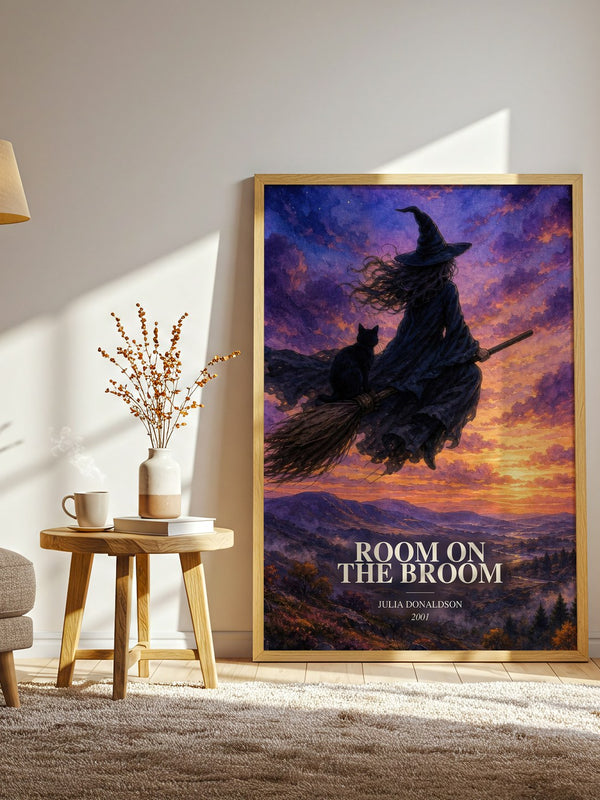 Room on the Broom watercolour print in frame leaning in hallway – childrens wall art
