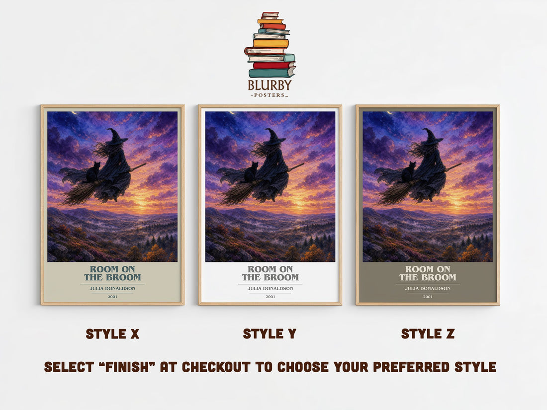 Room on the Broom book cover print in frame leaning in hallway – childrens wall art (mockup)
