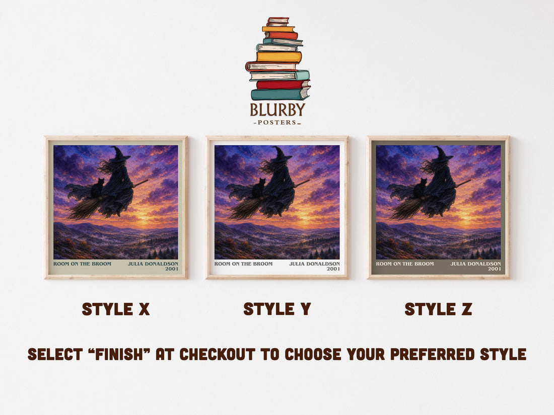 Room on the Broom literary print in frame leaning in hallway – childrens wall art (mockup)