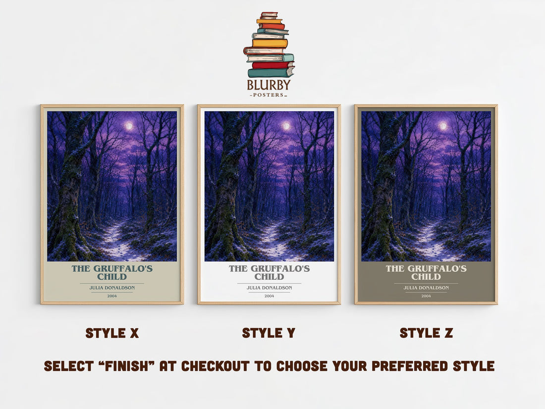 The Gruffalo's Child book cover print in frame leaning in hallway – childrens wall art (mockup)