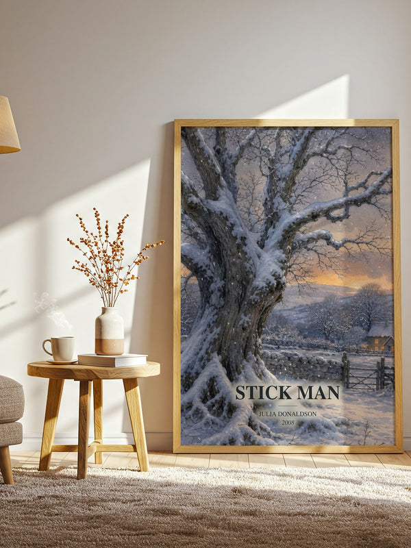 Stick Man watercolour print in frame leaning in hallway – childrens wall art