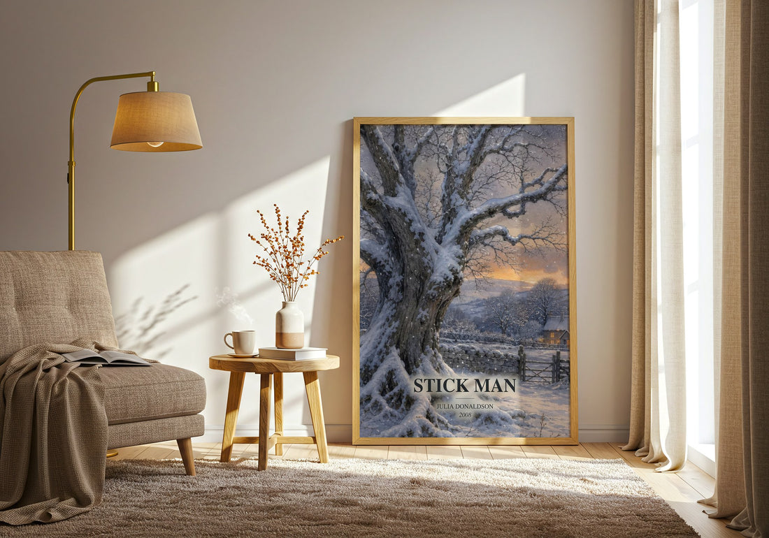 Stick Man watercolour print in frame leaning in hallway – childrens wall art (mockup)