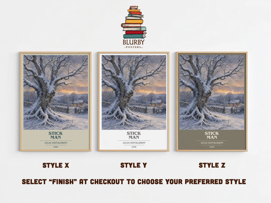 Stick Man book cover print in frame leaning in hallway – childrens wall art (mockup)