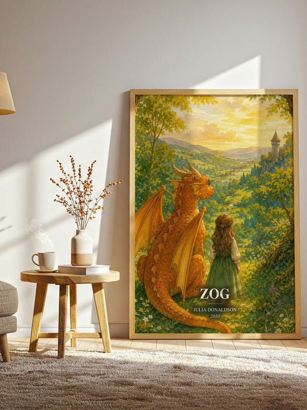 Zog watercolour print in frame leaning in hallway – childrens wall art