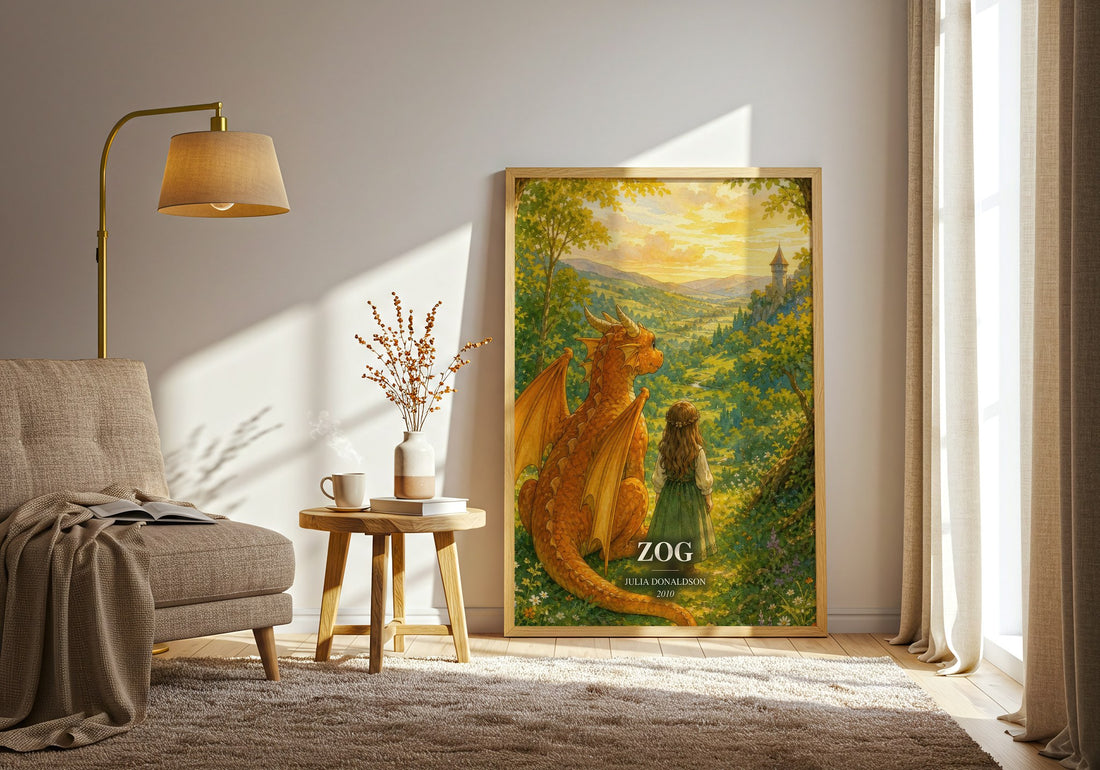 Zog watercolour print in frame leaning in hallway – childrens wall art (mockup)