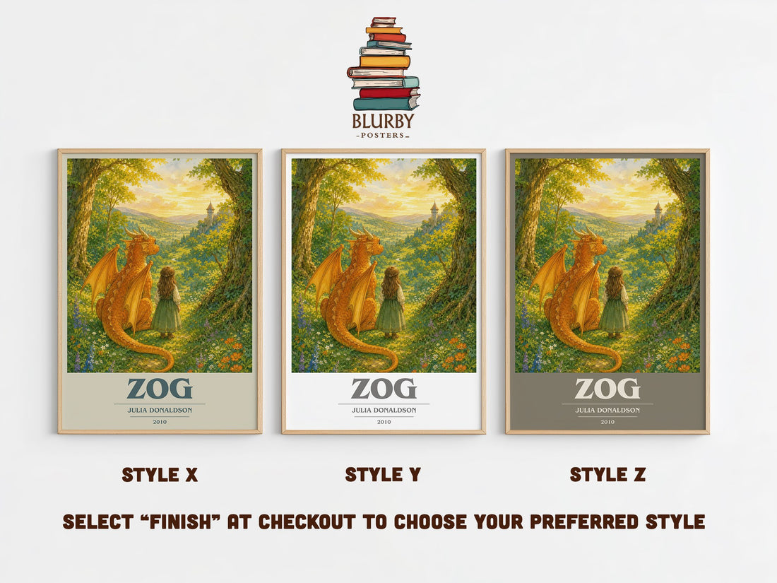Zog book cover print in frame leaning in hallway – childrens wall art (mockup)