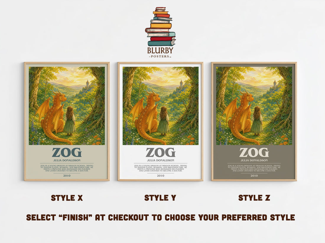 Zog bookish print in frame leaning in hallway – childrens wall art (mockup)