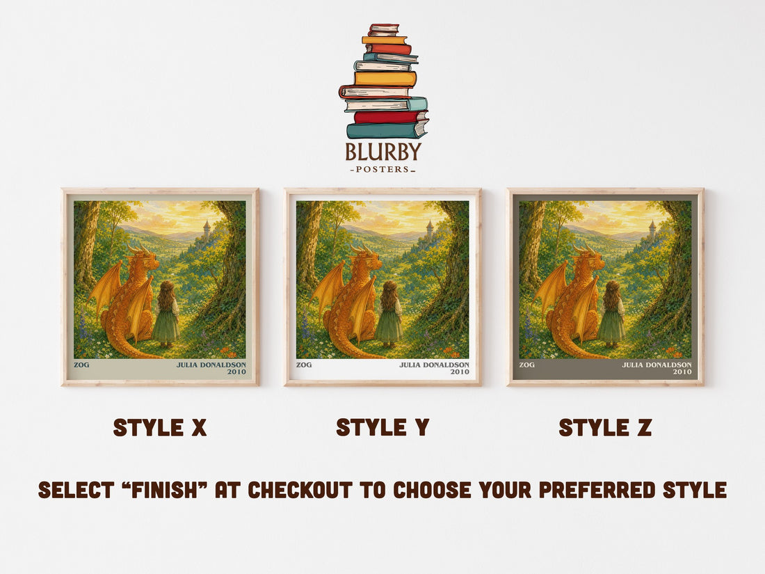 Zog literary print in frame leaning in hallway – childrens wall art (mockup)