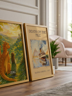 Zog watercolour print framed by window – literary home decor