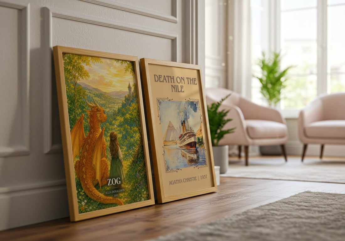 Zog watercolour print framed by window – literary home decor