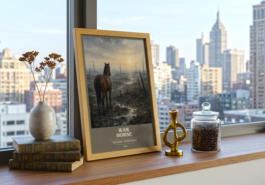 War Horse book cover print framed by window – literary home decor
