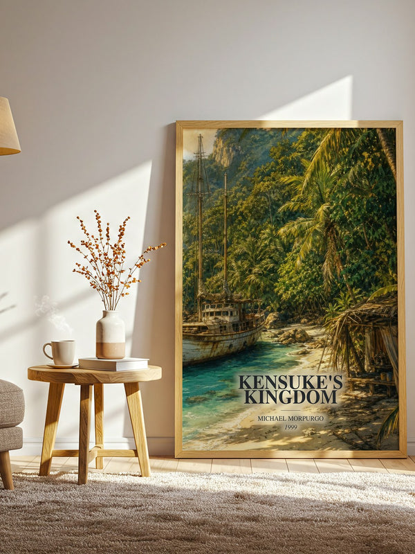 Kensuke's Kingdom watercolour print in frame leaning in hallway – childrens wall art