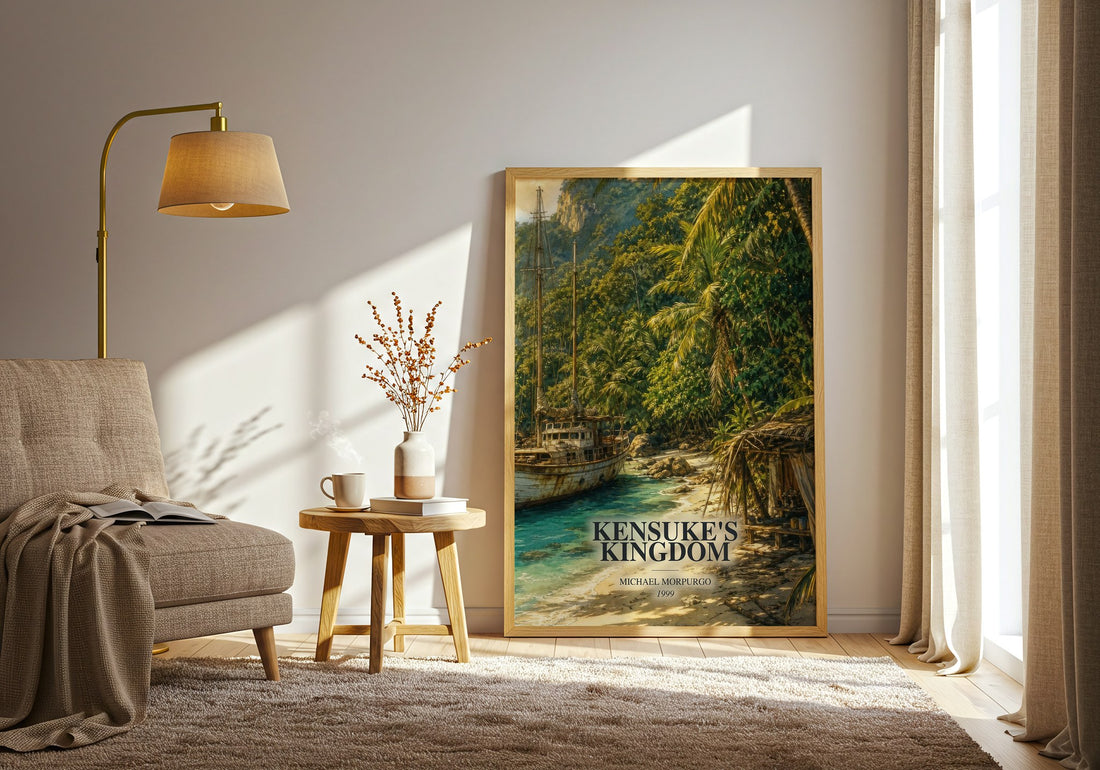 Kensuke's Kingdom watercolour print in frame leaning in hallway – childrens wall art (mockup)