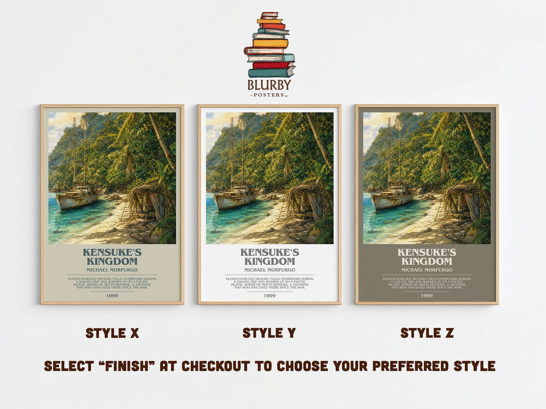 Kensuke's Kingdom bookish print in frame leaning in hallway – childrens wall art (mockup)