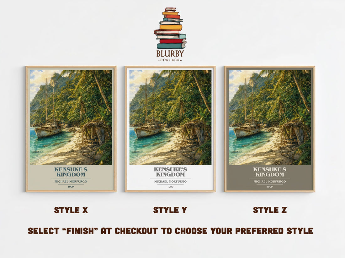 Kensuke's Kingdom book cover print in frame leaning in hallway – childrens wall art (mockup)