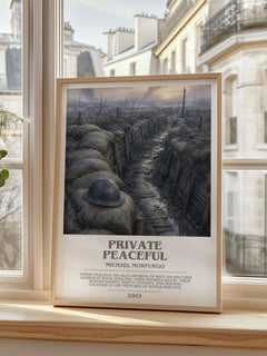 Private Peaceful bookish poster colour and style options – Michael Morpurgo book art