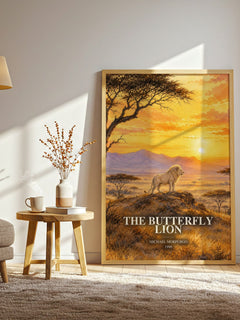 The Butterfly Lion watercolour print in frame leaning in hallway – childrens wall art