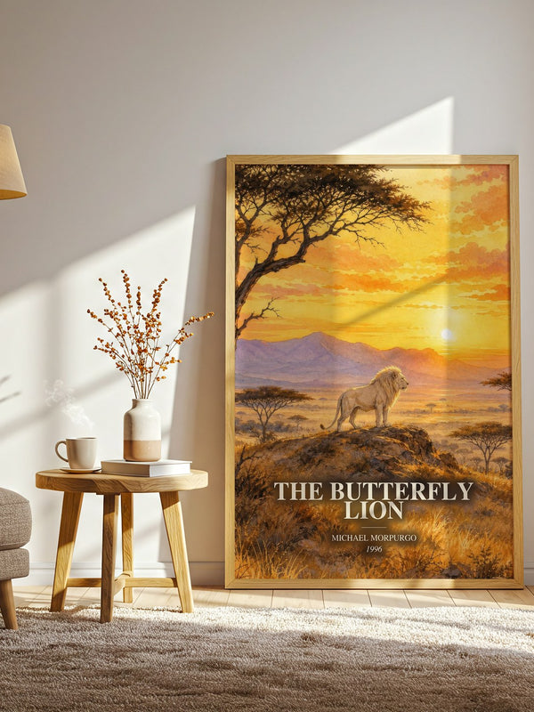 The Butterfly Lion watercolour print in frame leaning in hallway – childrens wall art
