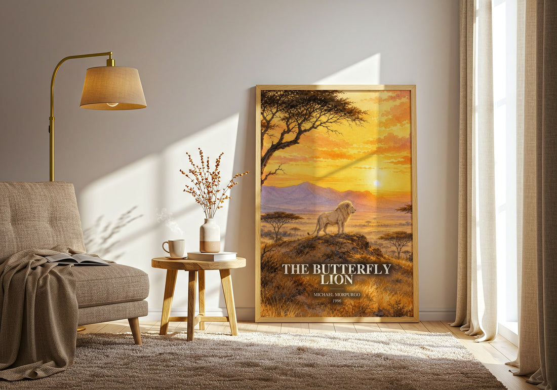 The Butterfly Lion watercolour print in frame leaning in hallway – childrens wall art (mockup)