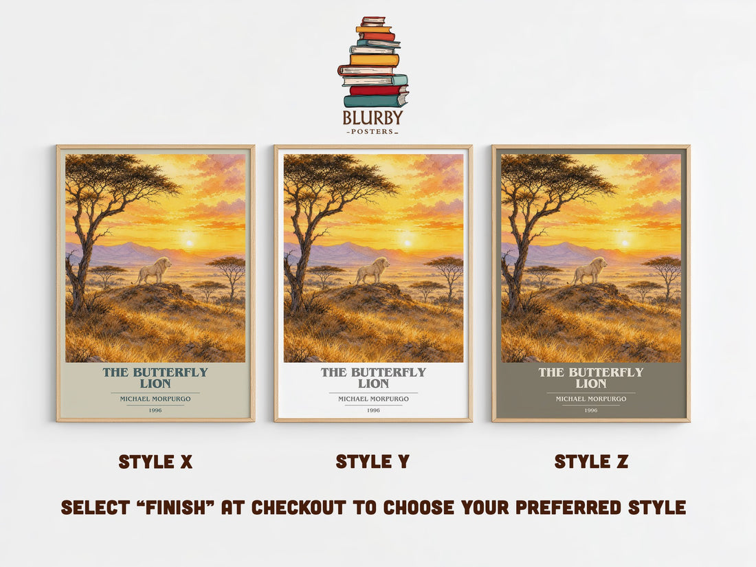 The Butterfly Lion book cover print in frame leaning in hallway – childrens wall art (mockup)