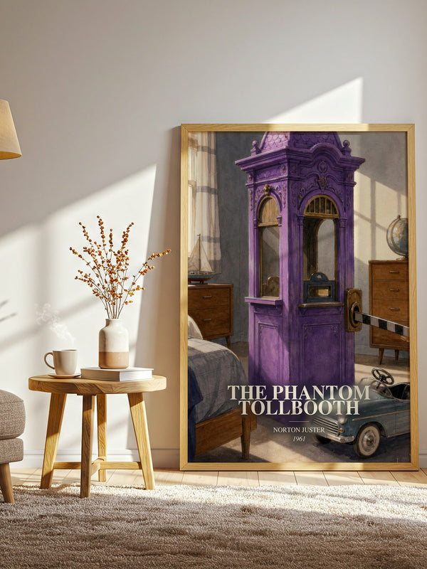 The Phantom Tollbooth watercolour print in frame leaning in hallway – childrens wall art