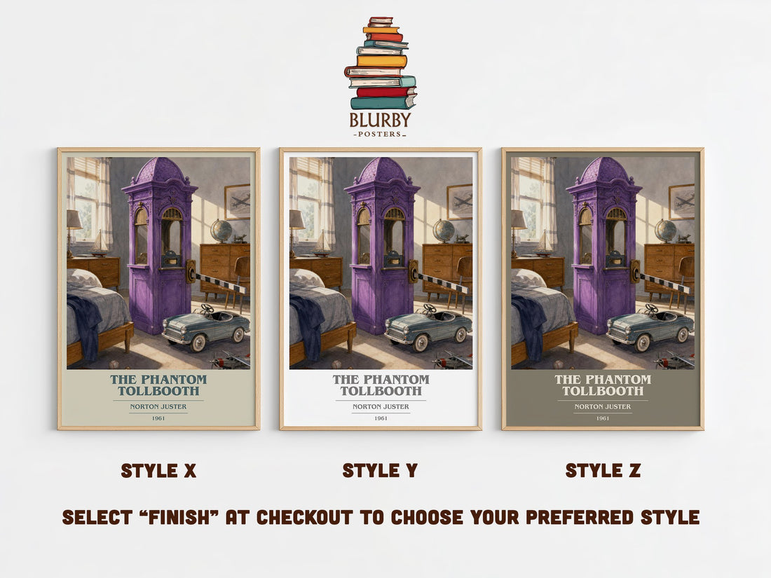 The Phantom Tollbooth book cover print in frame leaning in hallway – childrens wall art (mockup)