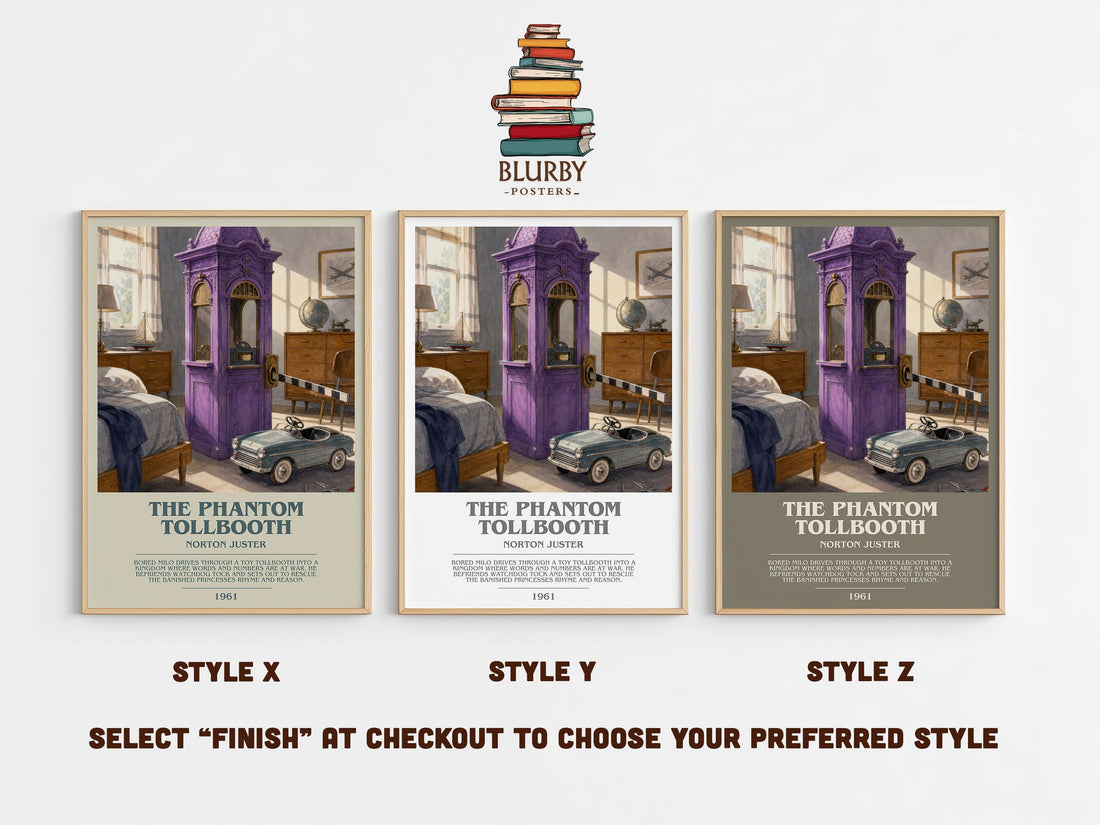 The Phantom Tollbooth bookish print in frame leaning in hallway – childrens wall art (mockup)