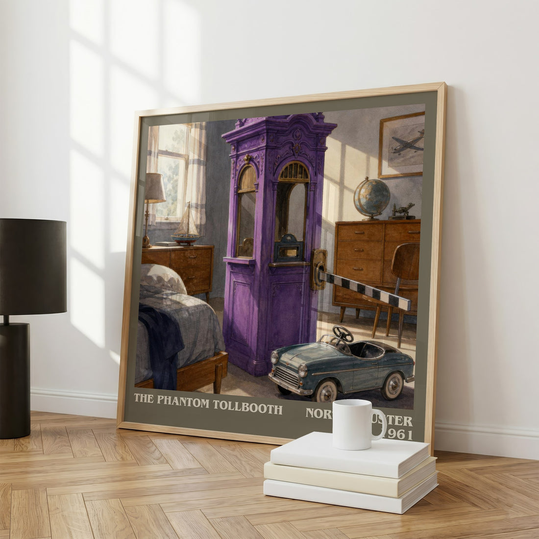 The Phantom Tollbooth Literary Art Print by Norton Juster – large square framed print leaning against a wall