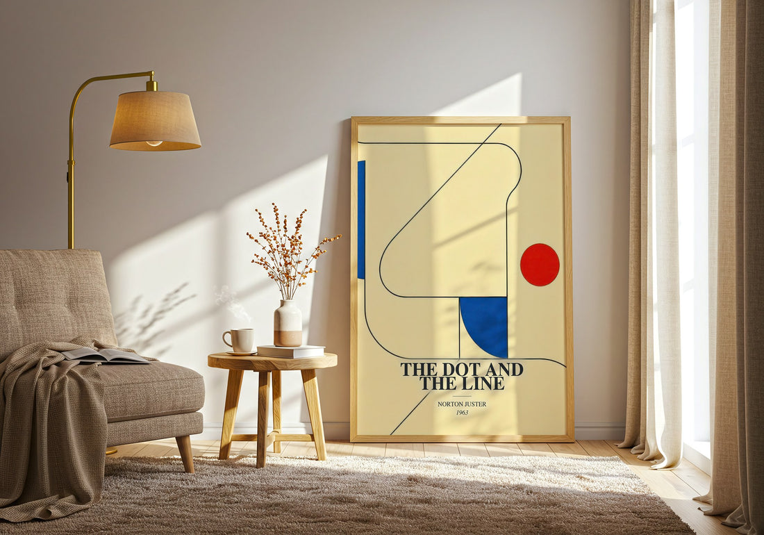 The Dot and the Line watercolour print in frame leaning in hallway – childrens wall art (mockup)