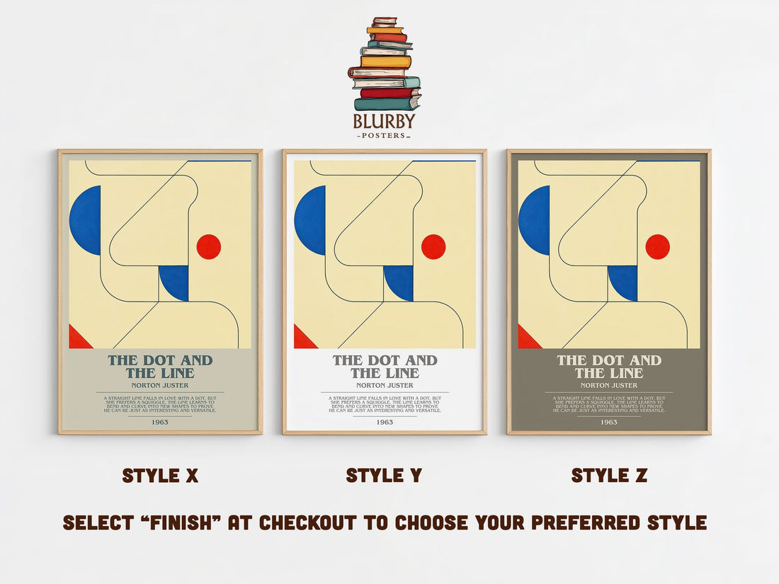 The Dot and the Line bookish print in frame leaning in hallway – childrens wall art (mockup)