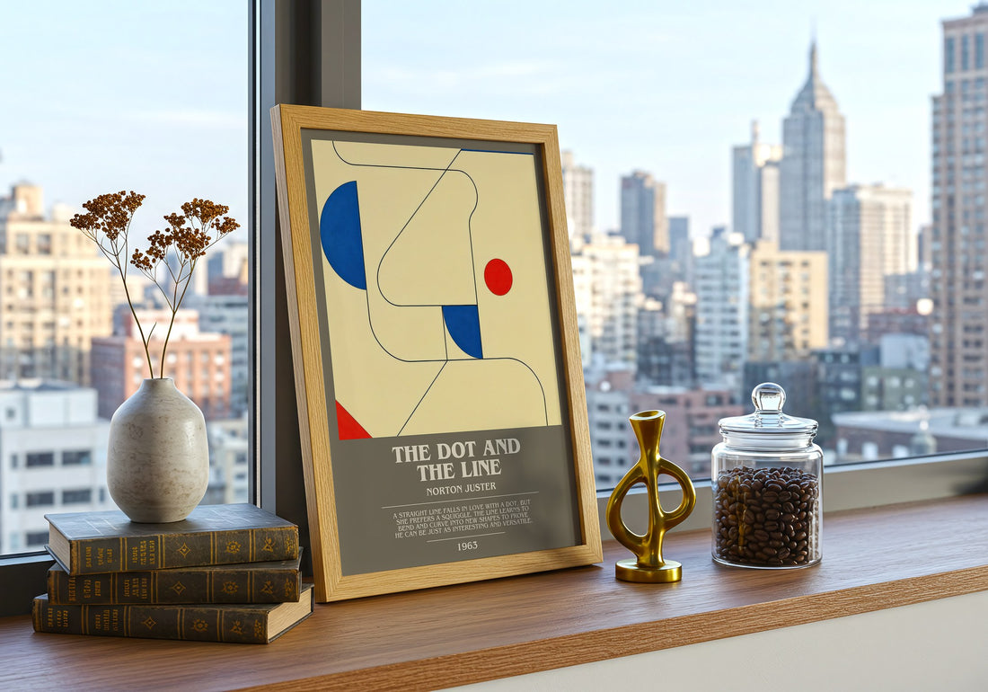 The Dot and the Line bookish print framed by window – literary home decor
