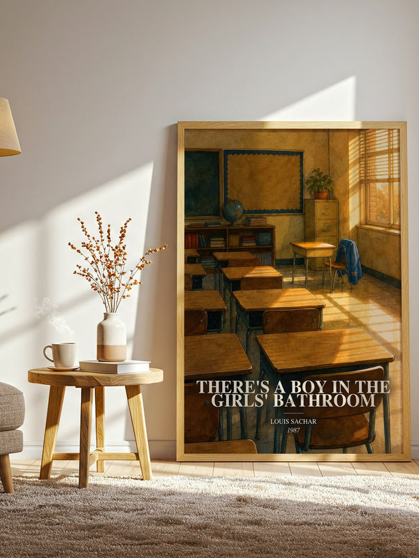There's a Boy in the Girls' Bathroom watercolour print in frame leaning in hallway – childrens wall art