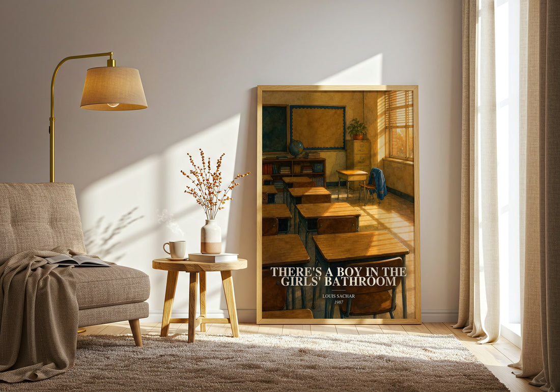 There's a Boy in the Girls' Bathroom watercolour print in frame leaning in hallway – childrens wall art (mockup)