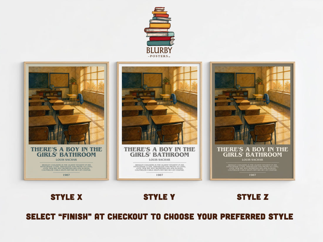 There's a Boy in the Girls' Bathroom bookish print in frame leaning in hallway – childrens wall art (mockup)