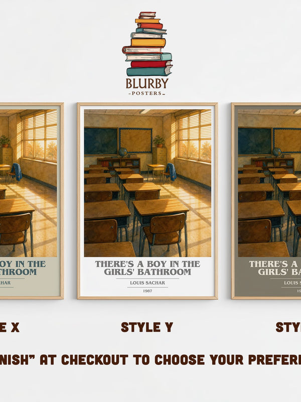 There's a Boy in the Girls' Bathroom book cover print in frame leaning in hallway – childrens wall art