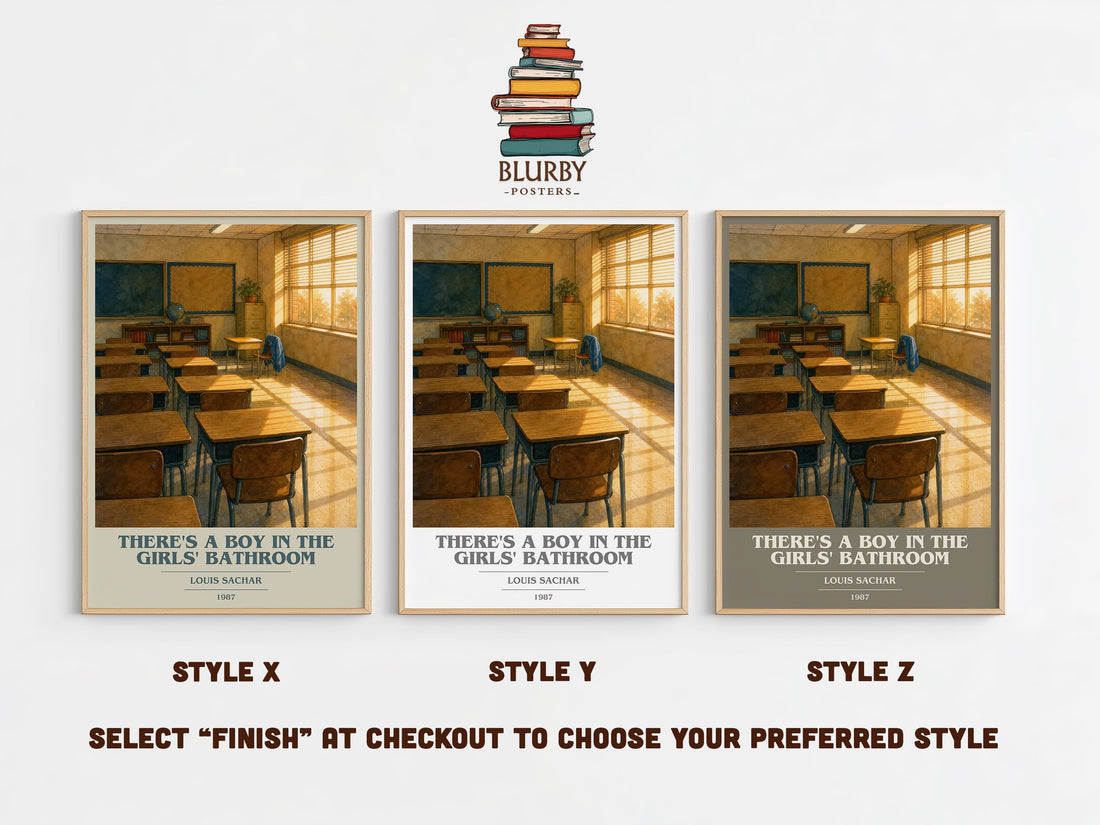 There's a Boy in the Girls' Bathroom book cover print in frame leaning in hallway – childrens wall art (mockup)