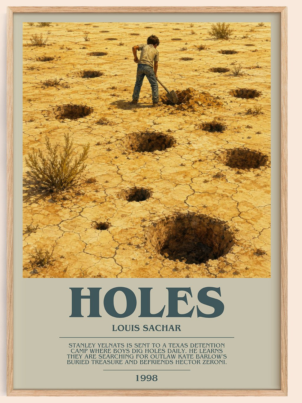 Holes bookish book poster by Louis Sachar – framed literary art print