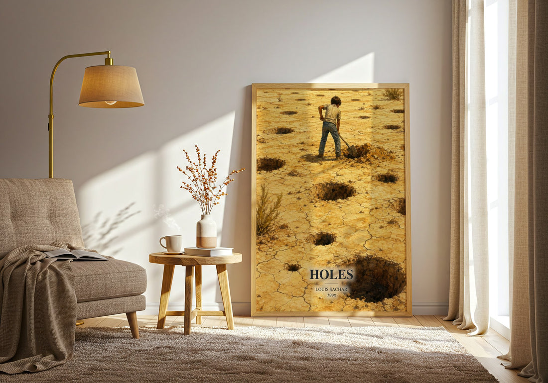 Holes watercolour print in frame leaning in hallway – young adult wall art (mockup)