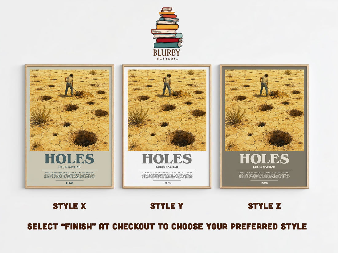 Holes bookish print in frame leaning in hallway – young adult wall art (mockup)