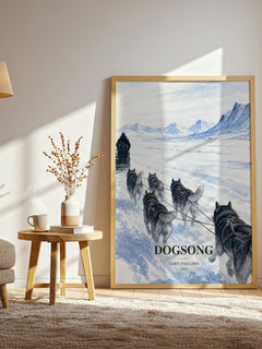 Dogsong watercolour print in frame leaning in hallway – young adult wall art