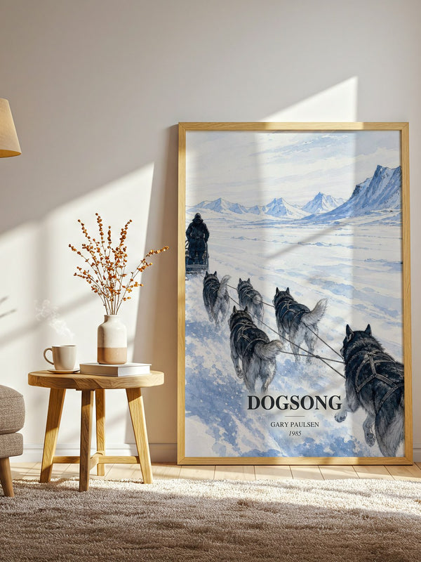 Dogsong watercolour print in frame leaning in hallway – young adult wall art