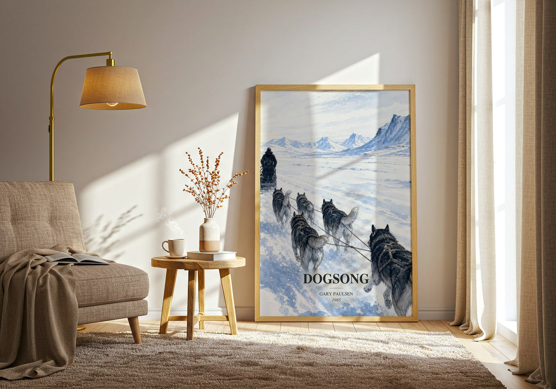Dogsong watercolour print in frame leaning in hallway – young adult wall art (mockup)