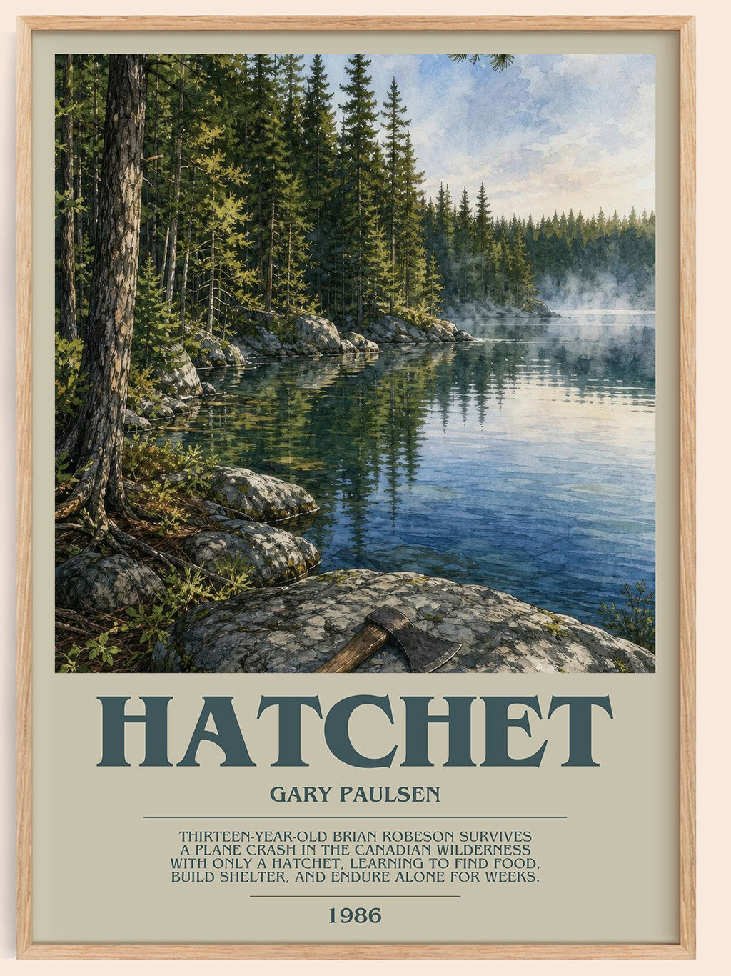 Hatchet bookish book poster by Gary Paulsen – framed literary art print