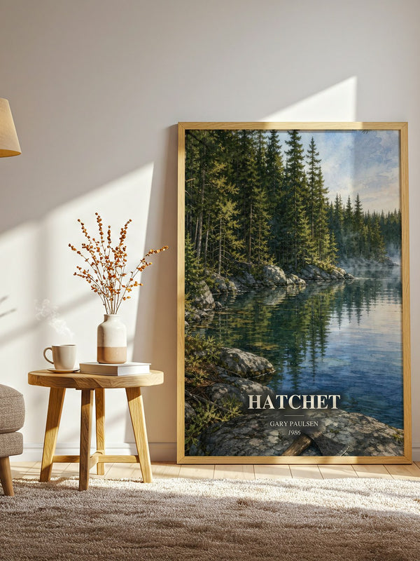 Hatchet watercolour print in frame leaning in hallway – young adult wall art