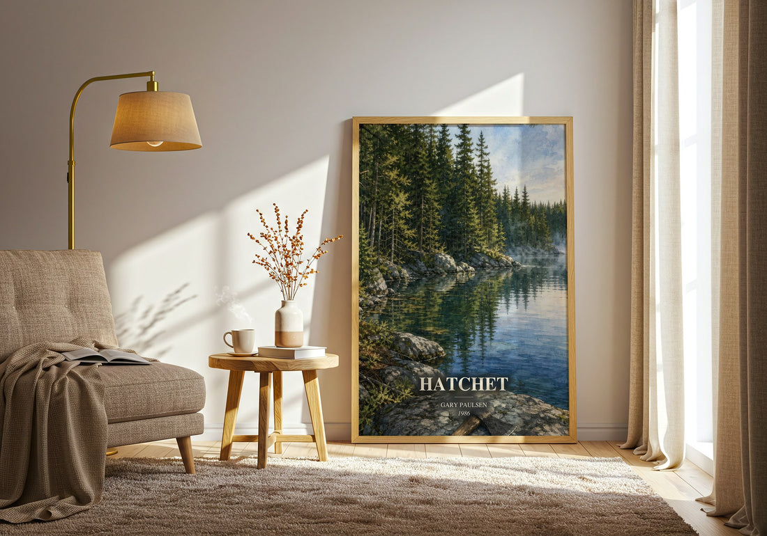 Hatchet watercolour print in frame leaning in hallway – young adult wall art (mockup)