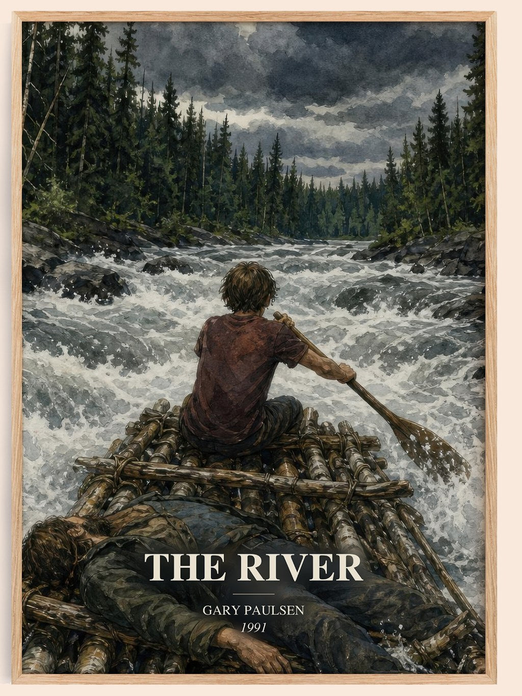 The River watercolour book poster by Gary Paulsen – framed literary art print